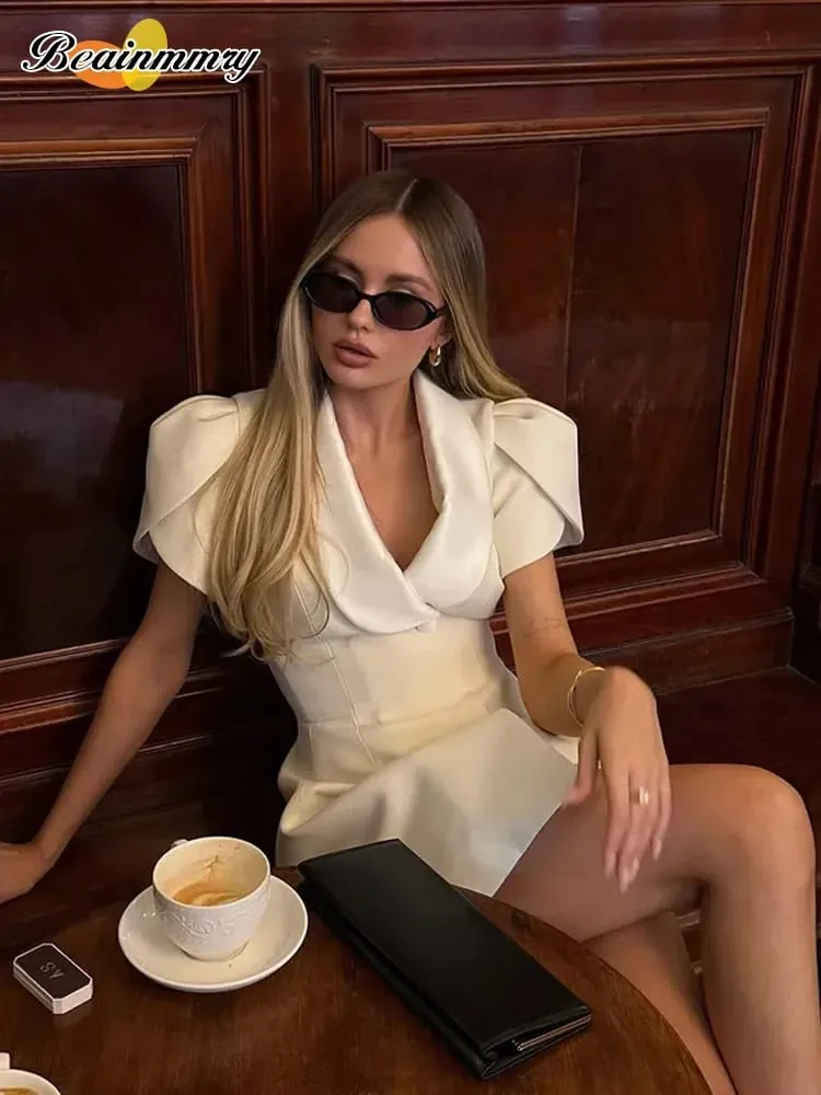 Contrast Lapel Collar Blazer Mini Dress Elegant Waist Cinching Puff Sleeve Bodycon Dresses Lady Chic Urban Fashion Daily Outfit — image 6