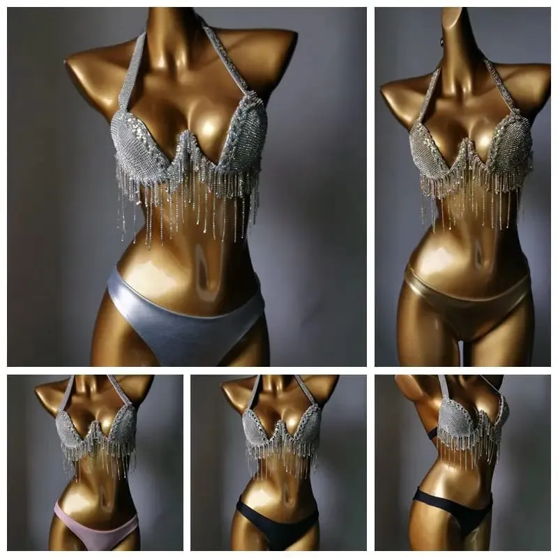 2024 Bikini Set Women Diamante Carnival Bra rhinestone Tassel Night Club Panties Rave Festival Bikini Set Burning Man Outfit — image 6
