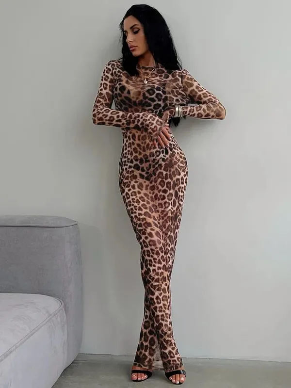 Hugcitar Leopard Print Mesh Long Sleeve Sexy Slim See Through Maxi Dress Fall Women Fashion Outfits Beach Vacation Club — image 8