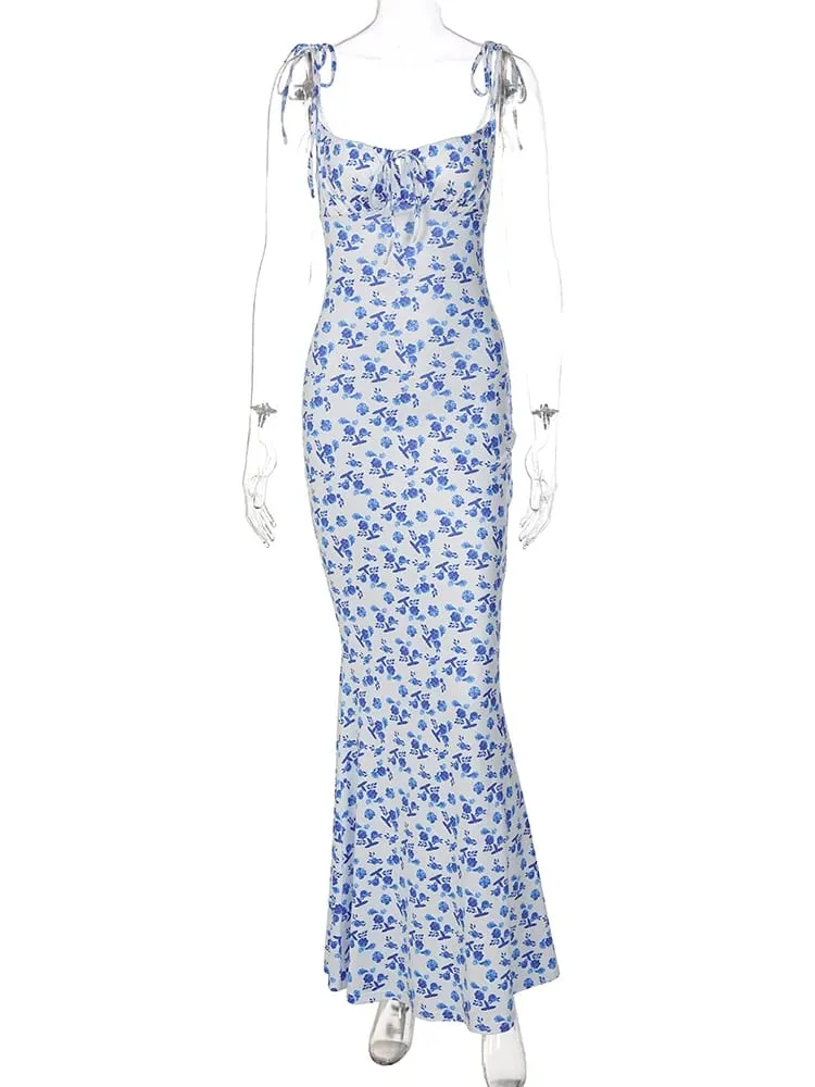 Hugcitar květinový potisk Bez rukávů Bez záda Šněrovací Maxi šaty Sexy Bodycon Léto Elegantní outfity Sváteční párty Velkoobchod — image 6