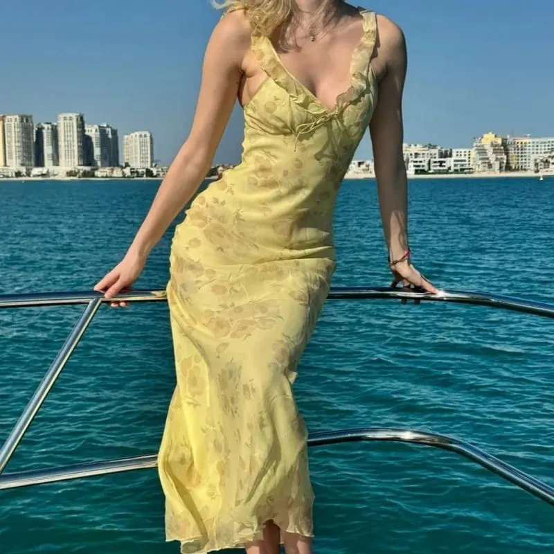 Cryptographic Summer Floral Print Plunge Maxi Dress Outfits Sexy Backless Fairy Sun Dresses Vacation Beachwear Vestido Coquette — image 5