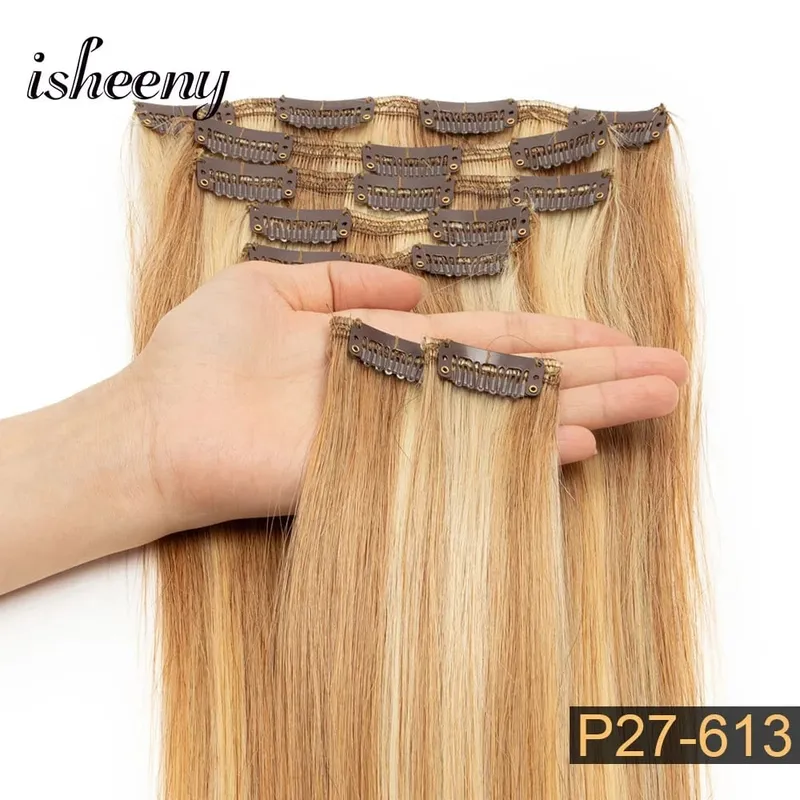 Isheeny 14"-22" Clip In Human Hair Extensions Brazilian Remy Natural Clip Human Hair Extension Real Natural Clip On 50-65G