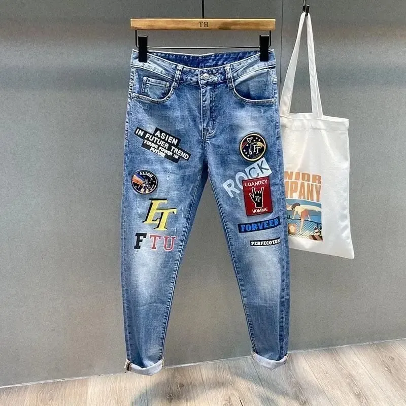 Trendy Brand Letter Printing Pattern Embroidered Jeans Men's Korean Graffiti Slim-fitting Small Feet Versatile Casual Trousers