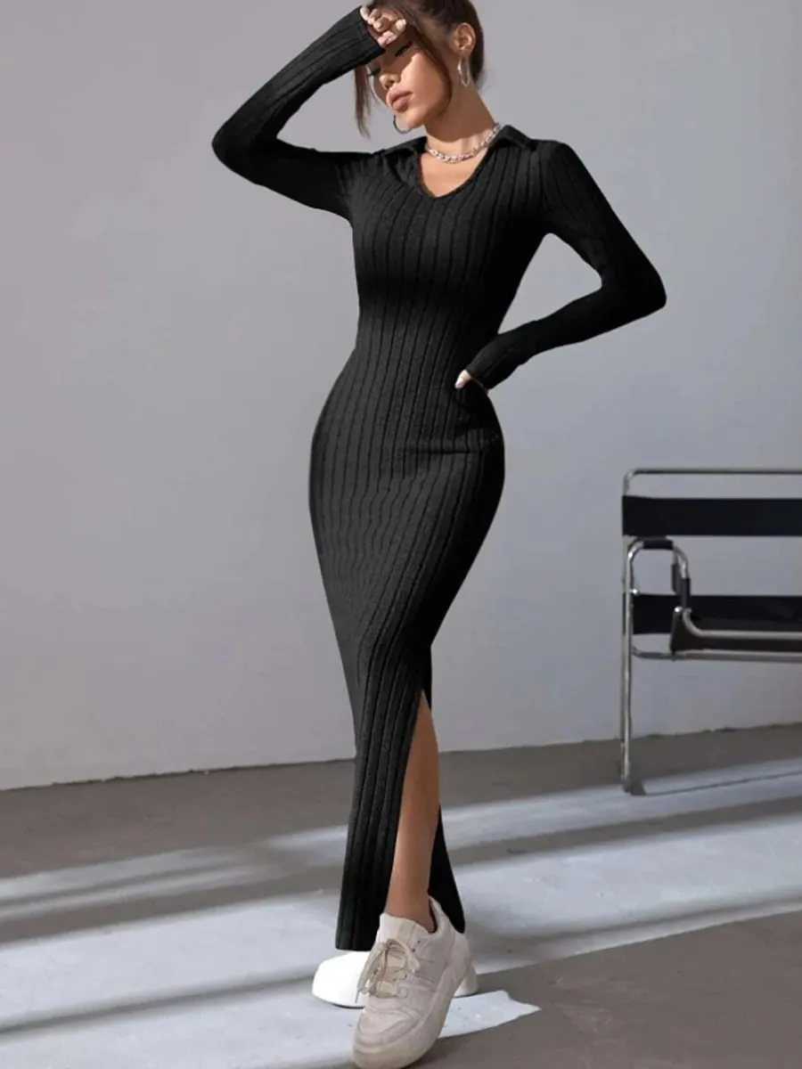 Spring and summer 2024 new style knitted slim lapel long sleeve dress pit strip solid color tight skirt — image 4