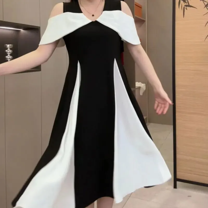 Elegant V-Neck Off Shoulder Midi Dress Summer Stylish Patchwork Women's Clothing A-Line Waist Commute Short Sleeve Basic Dresses — image 2