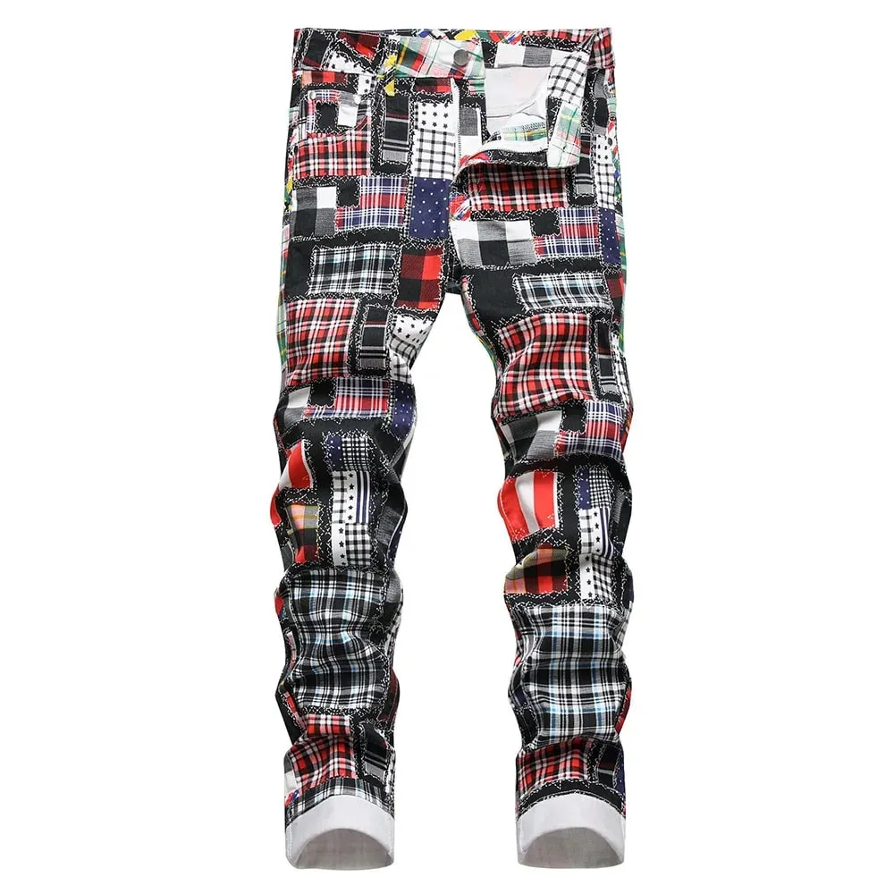 Men Plaid Digital Print Jeans Fashion Patches Patchwork Stretch Denim Pants Slim Straight Trousers — image 9