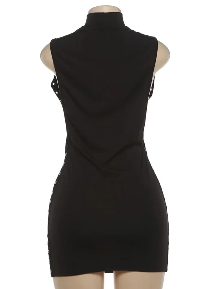 Nibber brzoskwiniowa mini sukienka damska o-neck bez rękawów boczna pusta konstrukcja metalowe pierścienie dekoracja Skinny Midnight Club Party Bodycon