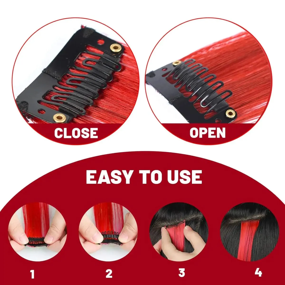 Synthetic 10 PC Hair Extensions Red and Blue Clip in SOlldag Colored Party Highlights Straight Hairpiece for Kids Girls Women — image 4