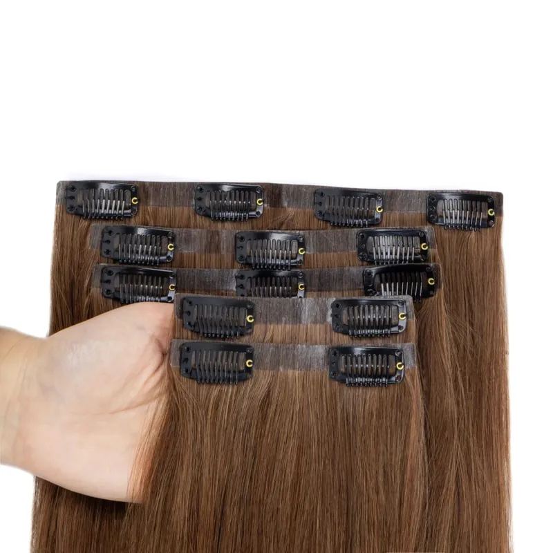 Bezešvé PU prodlužování vlasů Clip In Skutečné přírodní Neviditelné PU pásky Útkové Clip Ins Stroj Remy 12-24inch Invisible Clip Ins 7PCS