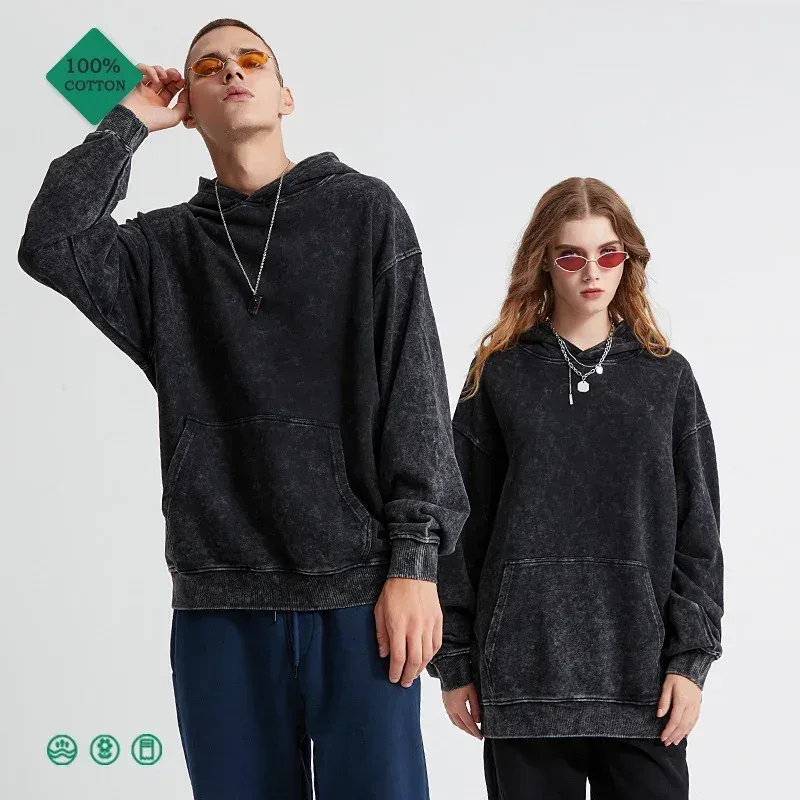 HAI Customizable Retro Washed Hoodies 100% Cotton Tops Black Acid Vintage Hooded Sweatshirts Oversize Hip Hop Male Pullover — image 4