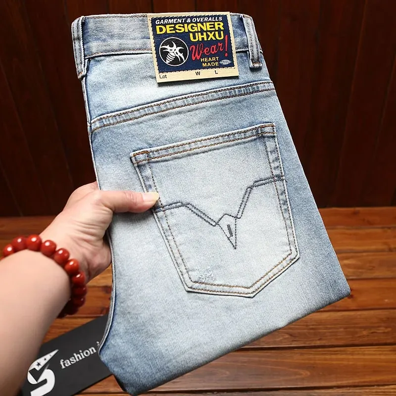 Fashionable printed jeans for men retro blue elastic slim fit small feet street fashion high-end denim casual pants — image 5