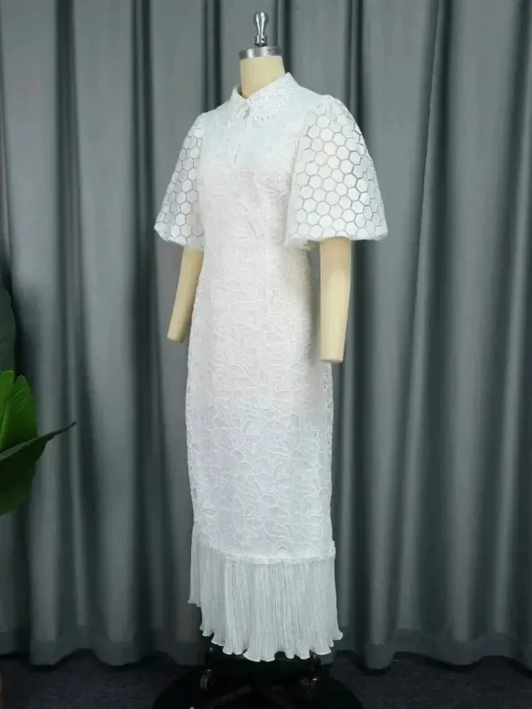 White Lace Dresses for Women Wedding Guests Elegant Turn Down Collar Puff Sleeves Pleated Hem Midi Dress Luxury Occasion Clothes — image 3
