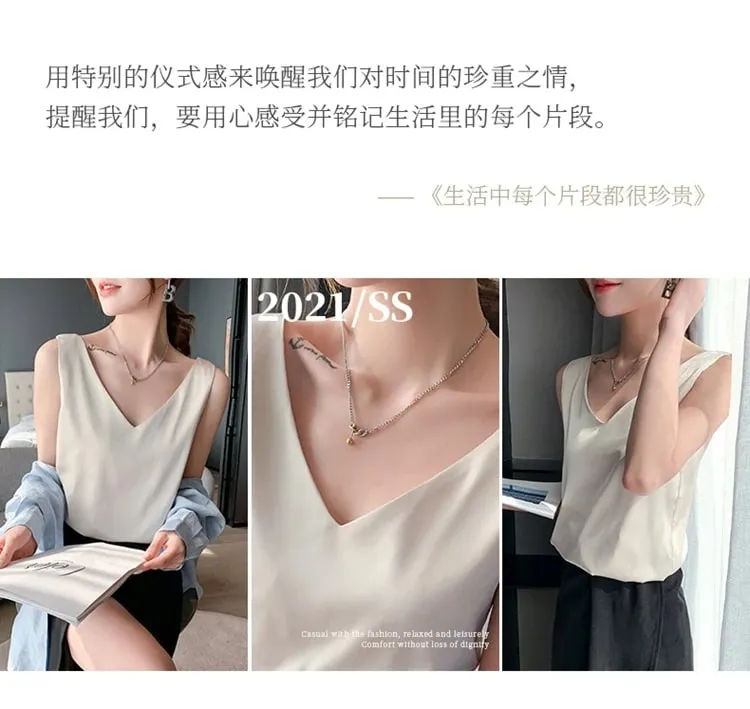 Ladies Silk Suspenders Solid Satin Vest Spring Autumn 2022 New Wild Pullover Tops Women Interior Front/Rear V-Neck Summer Thin — image 9