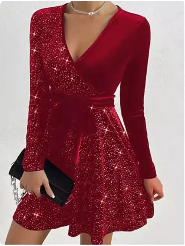 Women's V-neck Sexy Long Sleeved Sequined Solid Color Dress High Street Fashion Elegant Party Evening Dresses — image 4