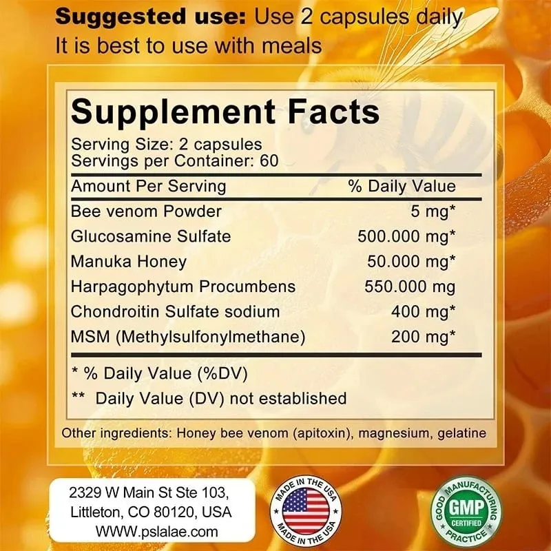 Natural Bee Venom Extract Capsules - Glucosamine Chondroitin Supplement Relieves Joint Pain and Stiffness Promotes Bone Health — image 3