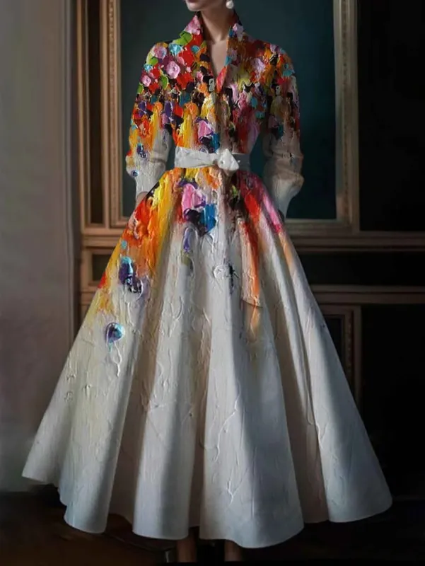 Eleganckie sukienki Maxi z kwiatowym nadrukiem Wielokolorowy kołnierzyk z długim rękawem Bawełniana długa sukienka Wesele Wieczorowa suknia 2024 — image 2