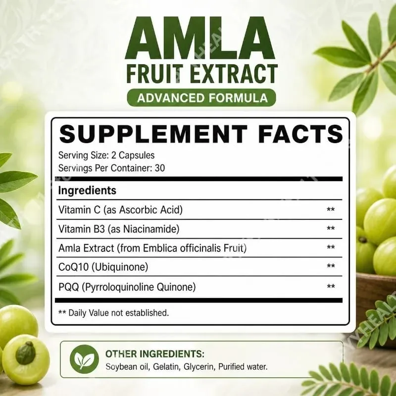 Docteat Amla Fruit Extract Capsules for Immune Support and Skin Health with Vitamin C Vitamin B3 CoQ10 and PQQ 60 Capsules — image 3