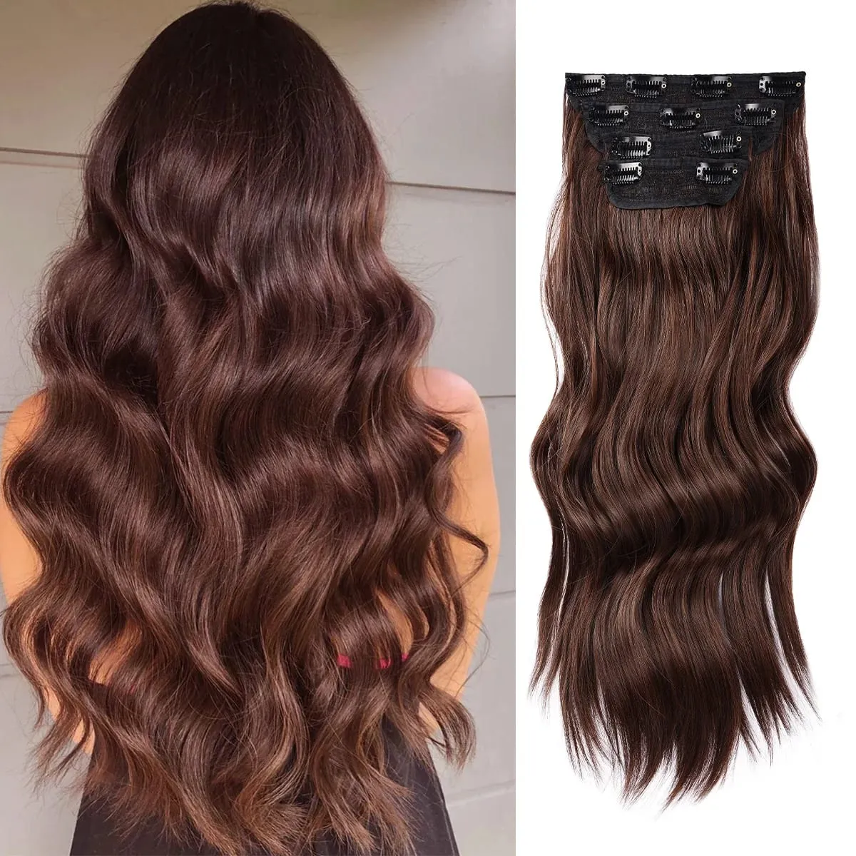 Clip in Synthetic Hair Extensions Long Wavy 4PCS Thick Hairpieces Dark Brown Fiber Double Weft Natural Hair Extensions For Women — image 10