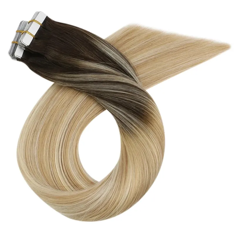 Moresoo Human Hair Extensions Tape in Invisible Balayage Hair Extensions 50G Machine Remy Straight Tape in Natural Straight Hair