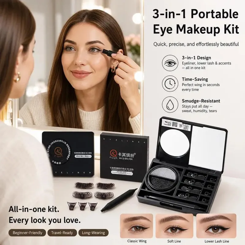 Waterproof 3 in1 Eyeliner Eyes Makeup Stamp Portable Lasting Smudge-Proof Stamp Ultra-Fine Natural Lower Eyelashes Makeup Tools