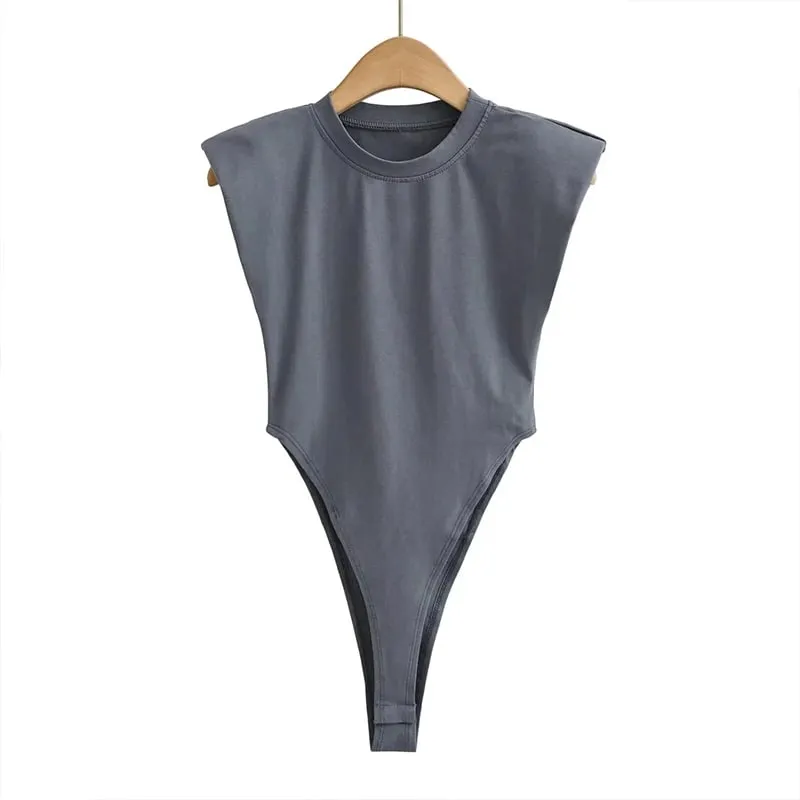 Sexy tops women 2024 Summer one-pieces bodycon bodysuit padded shoulder bodysuit black sleeveless body suits for women white — image 6