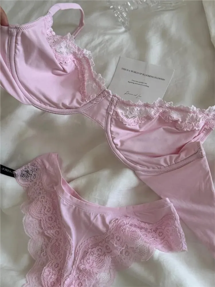 Rosafarbenes, ungefüttertes Vollschalen-BH-Set, Bügel, Spitzenbesatz, Lift, bequem, minimalistisch, nahtlos, hautfreundlich, Alltags-BHs und Höschen — image 2