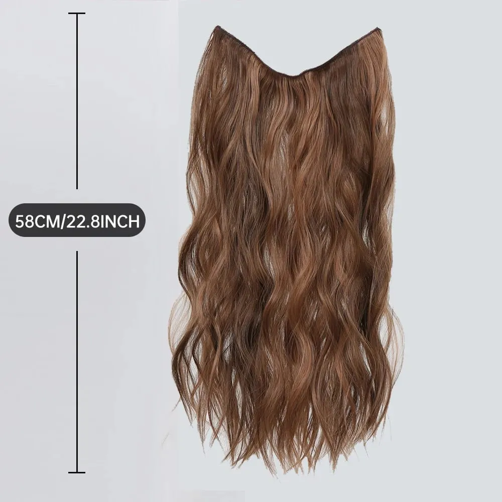 Invisible Wire Hair Extensions with Transparent Adjustable Size 2 Clips Long Wavy One Piece Hairpiece Golden Brown for Women
