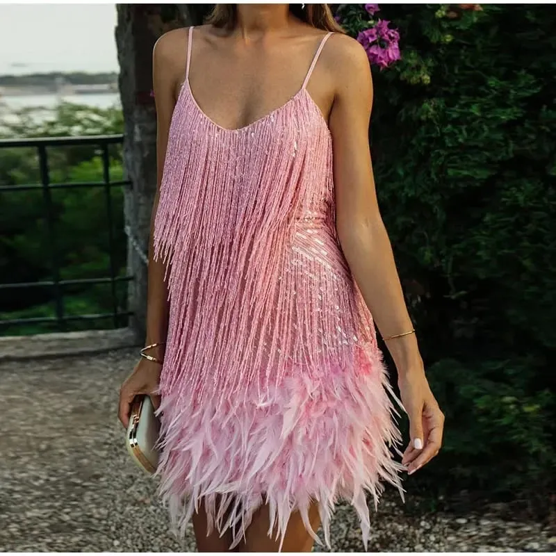 2025 New Sexy Tassel Sequins Feather Mini Dress Women Spaghetti Strap Stitching Dresses Female Elegant Evening Party Club Dress — image 2