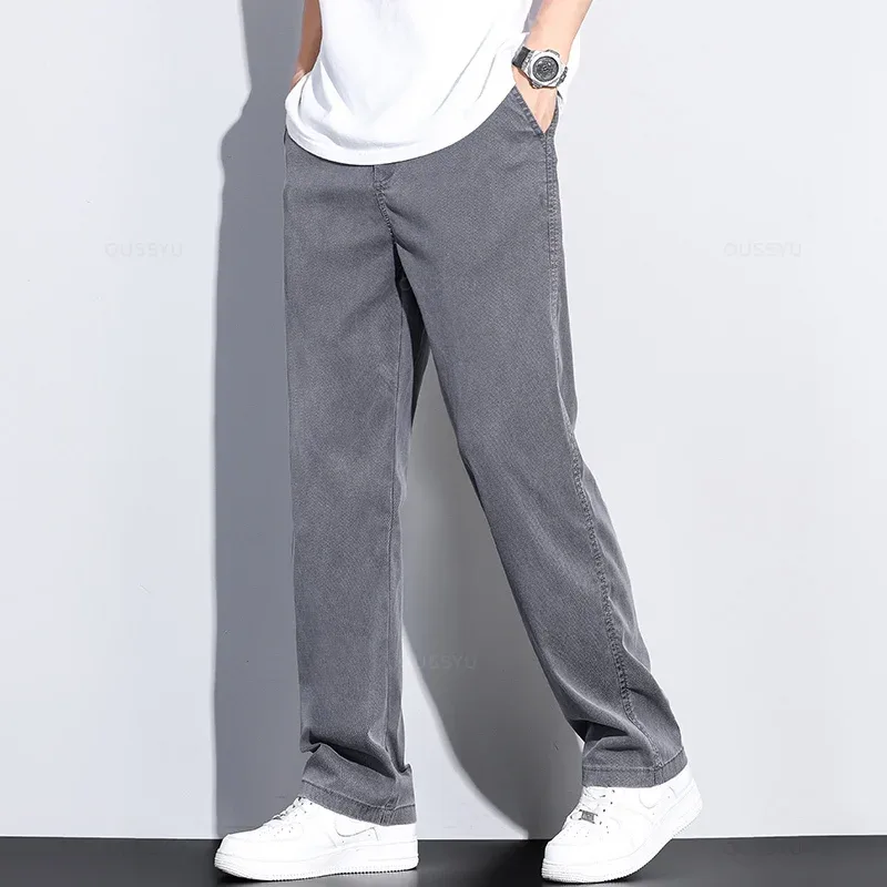 Summer New Upgrade Soft Lyocell Fabric Jeans Men Ultrathin Blue Elastic Waist Loose Straight Denim Trousers Male Plus Size 5XL