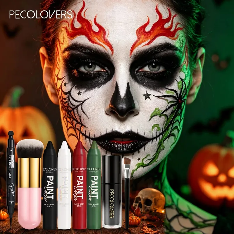 8PCS Halloween Gothic Facial Body Painting Suit Multi-color Paint Pen Star Eyeliner Pen Black Lipstick and Two Makeup Brushes — image 1