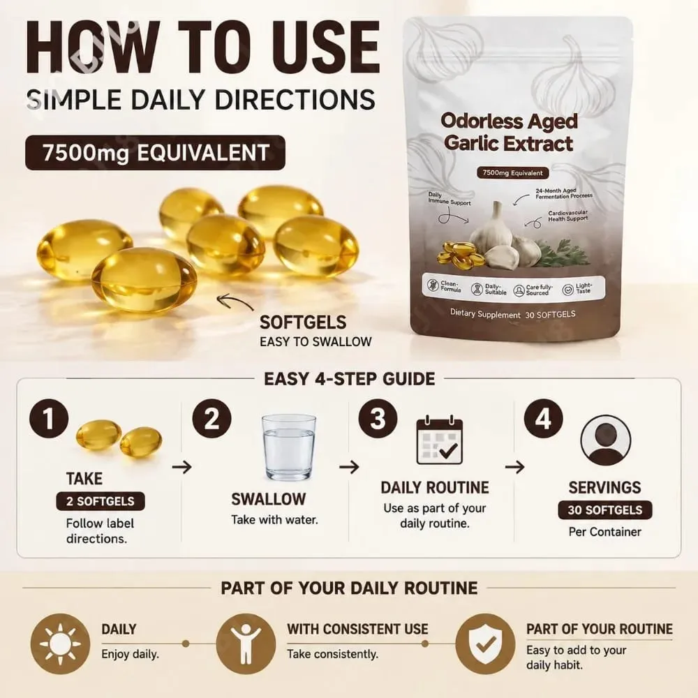 Softgels תמצית שום מיושן ללא ריח 7500 מ"ג 24 חודשים צמחי מרפא מותססים פורמולה בוטנית קרדיווסקולרית תמיכה חיסונית 30 ספירה — image 5