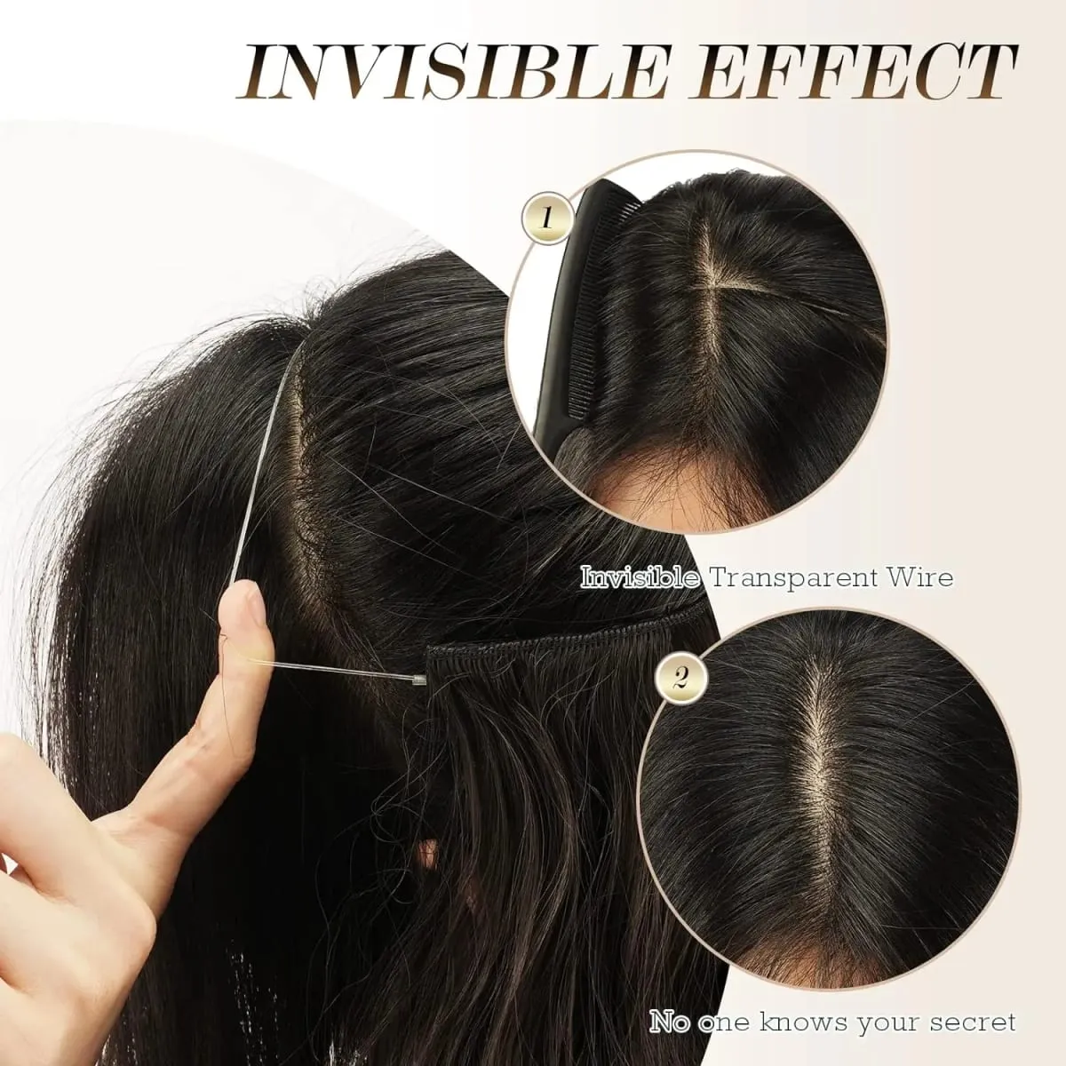 Invisible Wire Hair Extensions with Transparent Adjustable Size 2 Clips Long Wavy One Piece Hairpiece Golden Brown for Women