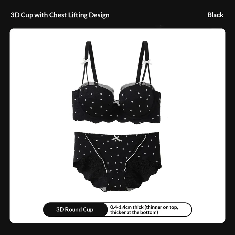 Ensemble deux pièces soutien-gorge en dentelle à pois, petit buste, Anti-affaissement, Collection de seins latéraux, ensemble de Lingerie confortable sans fil
