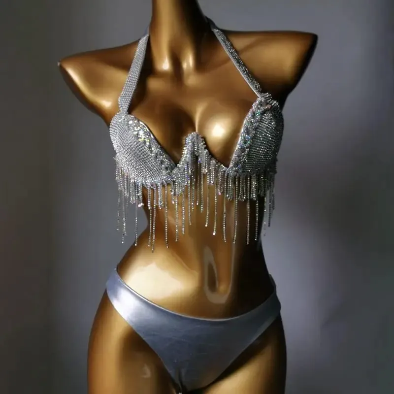 2024 Bikini Set Women Diamante Carnival Bra rhinestone Tassel Night Club Panties Rave Festival Bikini Set Burning Man Outfit — image 10