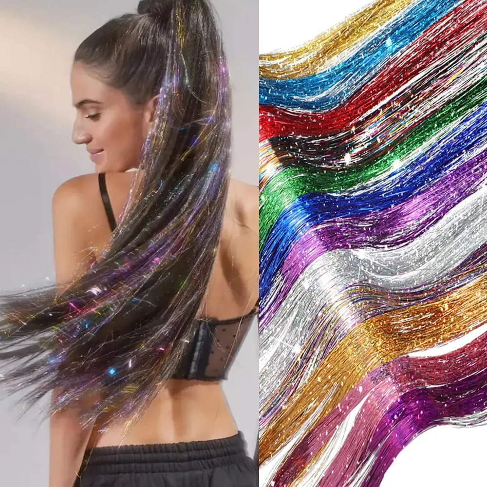 Rainbow Colored Sparkle Synthetic Hair Tinsel 36/48 Inch Girls Headwear Laser False Hair Extensions Glitter Decor Strands — image 2