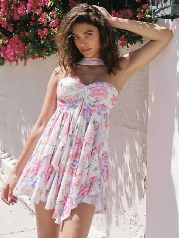 Women Casual Printed Pleated Scarf Collar Mini Dresses Chic Sleeveless Off Shouder Short Vestido Summer Lady Party Beach Robe — image 12