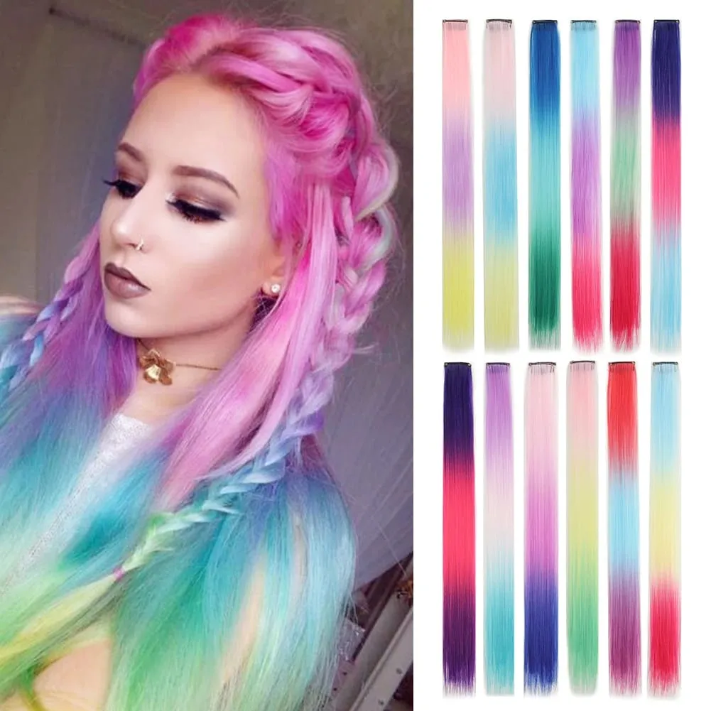 5PCS/set Clip in Hair Extensions Synthetic Hairpieces Colored Party Highlights for Girls 18 inches Multi-colors Straight Hair — image 2