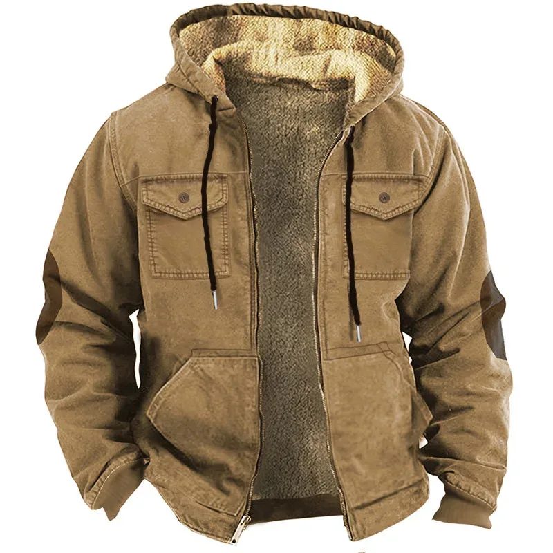 Men's Winter Fleece Hoodies Solid Patchwork Fashion Hooded Windbreaker Jacket Male Loose Work Wear Clothes Sweatshirt Outwear