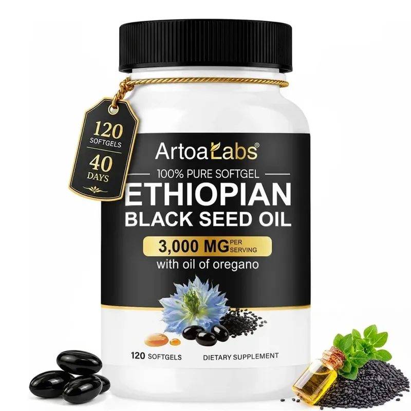 Gélules d'huile de graines noires éthiopiennes 3000 mg avec 100 mg d'extrait d'origan pour le soutien immunitaire digestif et la vitalité quotidienne 120 unités