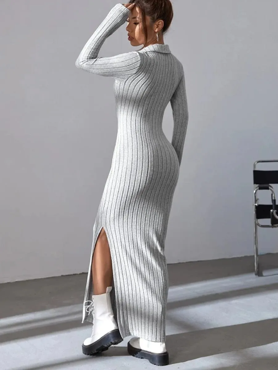 Spring and summer 2024 new style knitted slim lapel long sleeve dress pit strip solid color tight skirt — image 2