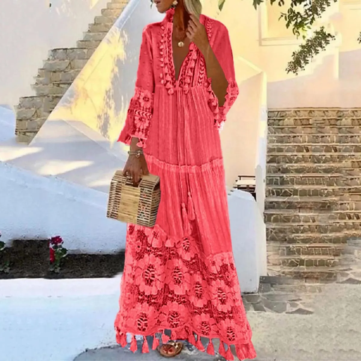 Ladies Bohemian V-Neck Tassel Large Size Casual Dress Women Lace Solid Fashion Dress Elegant Robe Boho Holiday Long Dress