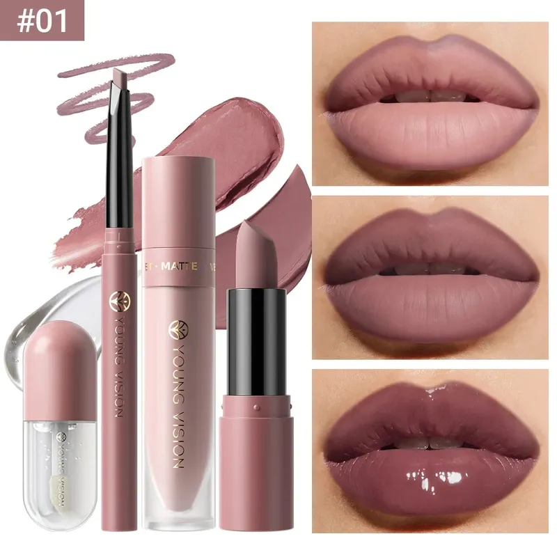 Set 4Pcs Lip Makeup Kit Liner Lipstick Liquid Lip Oil 8 Colors Optional Matte Velvet Lip for Daily Party Makeup