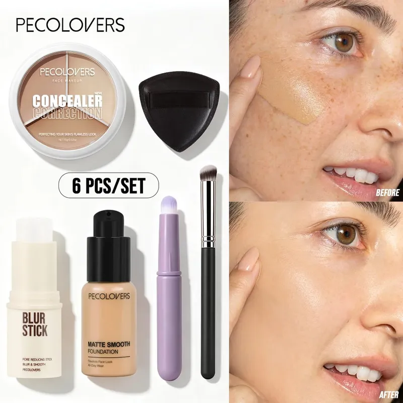 6PCS/SET Waterproof Full Coverage Concealer Foundation Primer Stick Concealer Palette Puff Brush Moisturizing Face Concealer