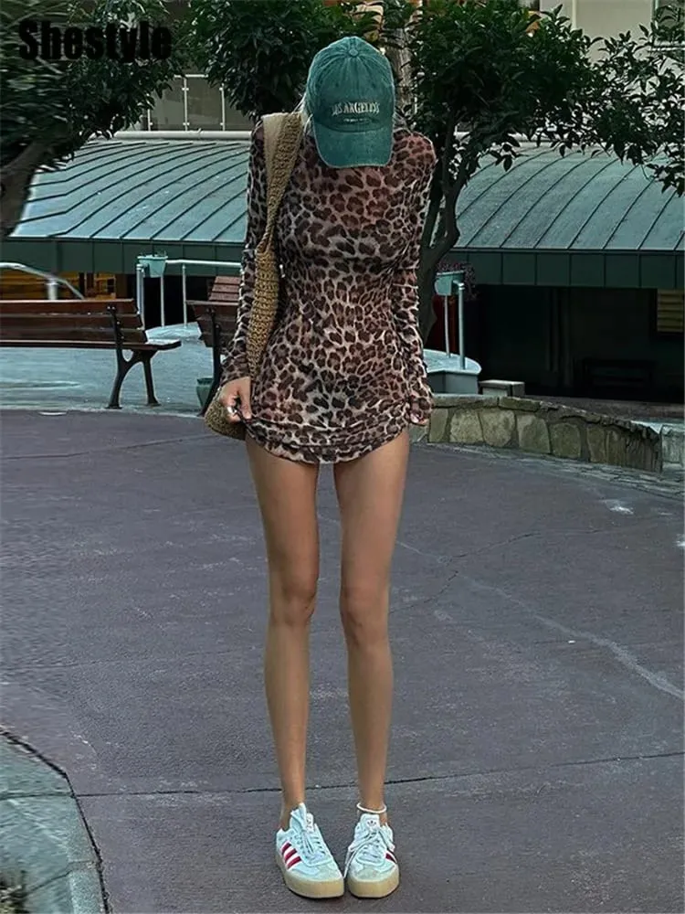 Shestyle เสือดาวเซ็กซี่ A-Line ชุดผู้หญิง 2 ชิ้นชุดตาข่ายดูผ่านแฟชั่นร้อนมาก High Street พิมพ์สัตว์สไตล์ — image 3