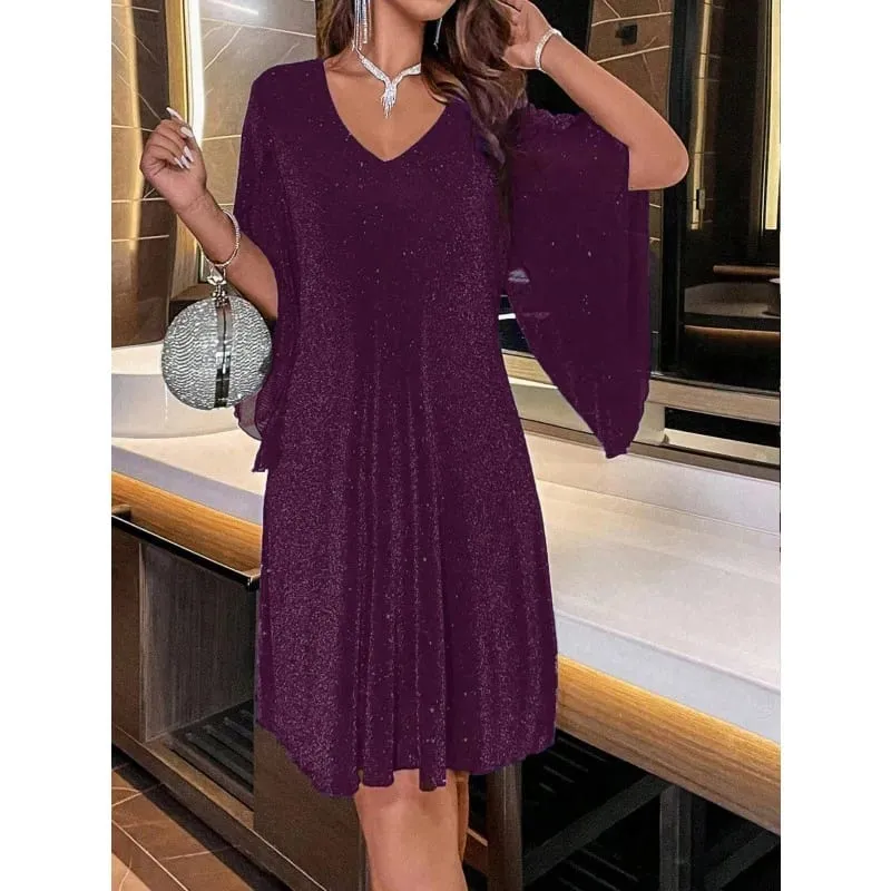 Bright Sequin Dresses Women V-neck See Through Chiffon Patchwork Irregular Half Sleeves Loose Mini Dress Female Vestidos 2024 — image 11