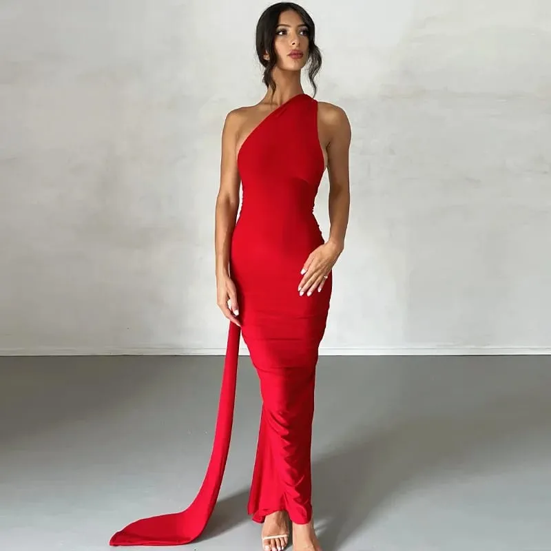 Hugcitar One Shoulder Backless Adjustable Scarf Loop Ruched Sexy Maxi Dress Women Elegant Y2K Streetwear Festival Outfit — image 10