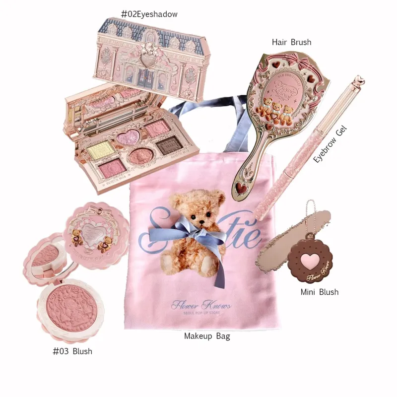 Flower Knows Bunny Shells Collection Makeup Set Eyeshadow Palette Blush Lip Gloss Makeup Bag Matte Glow Shimmer Eye Shadow Kit