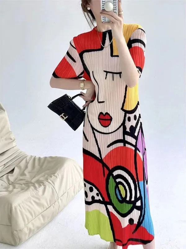 Long Dresses Womens Dresses Spring and Summer new Cartoon Printing Short Sleeve Temperament Fashion Loose Long Dress Female