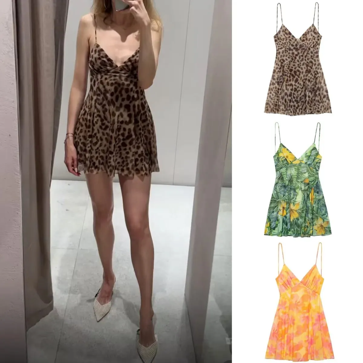 ETJ 2025 Summer New collection Women's vacation Style printed silk mesh sexy V-neck halter short Dress Hot Girl Dress — image 2