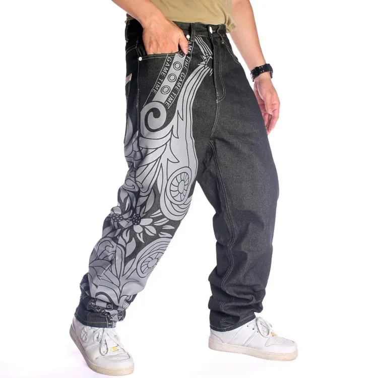 Jean Print Distressed Men Embroidery Jeans Straight Denim Pants Full Length Washed Mid Waist Zipper Fly Pockets Hiphop Loose — image 4